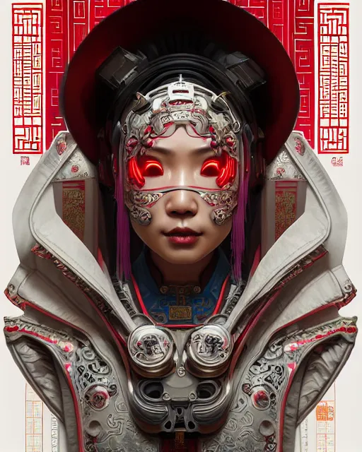 Image similar to portrait of a chinese cyberpunk machine, machine face, robed, upper half portrait, decorated with chinese opera motifs regal asian machine robot cyberpunk fine china, wuxia, traditional chinese art intricate intense elegant highly detailed digital painting artstation concept art smooth sharp focus illustration, art by artgerm and greg rutkowski alphonse mucha 8 k