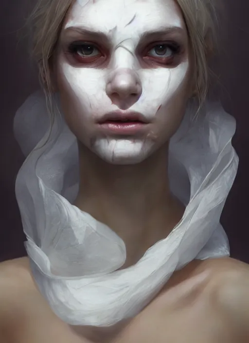 Image similar to portrait of beautiful girl with full pouty lips, skeksis, white face paint, bandaged nose, expressive eyes, fullbody, translucent skin, procedural rendering, greg rutkowski, charlie bowater, yuumei, yanjun cheng, unreal 5, daz, hyperrealistic, octane render, rpg portrait, dynamic lighting, fantasy art, beautiful face