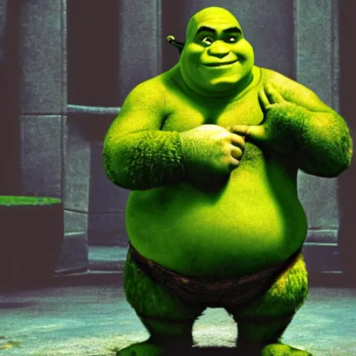 Prompt: Shrek as Neo from The Matrix, early screen test, cinematic, Kodak 2383 film