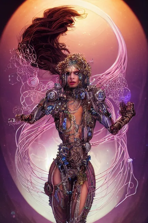 Image similar to a centered render of an alluring majestic post apocalyptic cyborg goddess wearing flowing silk gemstones and crystals and leather clothing surrounded by bio - luminescent jellyfish and sacred geometry, perfect body and face, gorgeous, cinematic, beautifully lit, by artgerm, by karol bak, by donato giancola, 3 d, trending on artstation, octane render, 8 k