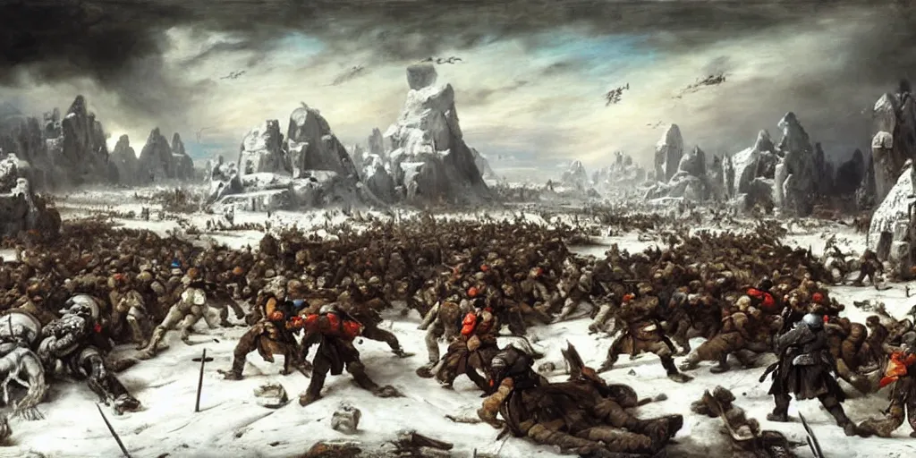 Prompt: the battle of hoth painted by jan matejko. oil on canvas, sharp focus, cinematic atmosphere, detailed and intricate, perfect anatomy, detailed and intricate environment and characters