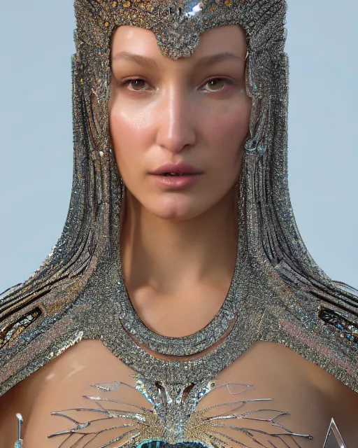 Prompt: a highly detailed metahuman 8 k close up render of bella hadid renaissance in iris van herpen dress schiaparelli in diamonds crystals swarovski and jewelry iridescent in style of alphonse mucha trending on artstation made in unreal engine 4