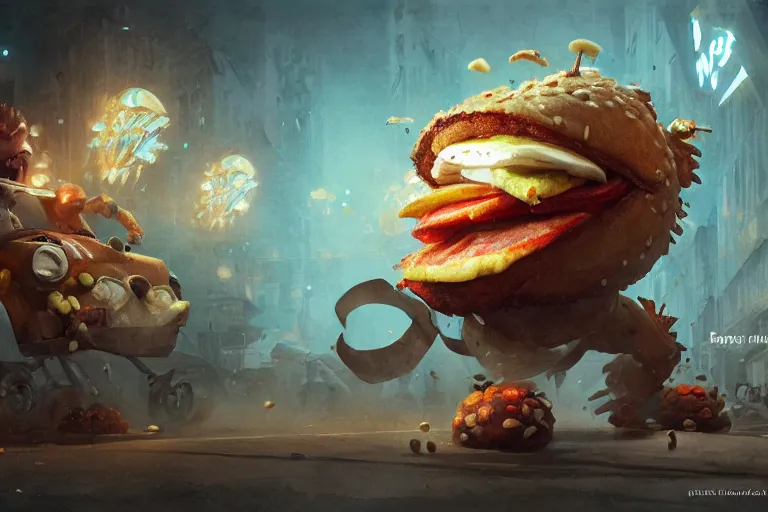 Image similar to fast food monster by jean - baptiste monge, high quality, high resolution, 4 k, painted by cgsociety, rutkowski, gurney with ambient lighting, concept art, detailed, smooth, dynamic volumetric cinematic lighting, octane, raytrace