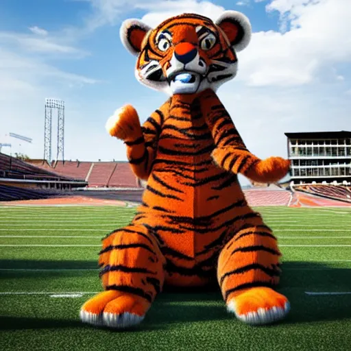 Image similar to aubie the tiger standing on a collapsed elephant, jordan hare stadium, ultra realistic