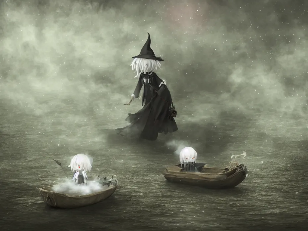 Prompt: cute fumo plush girl witch in a small boat on murky river water, river styx, cursed otherworldly chibi gothic horror wraith maiden, lost in the milky void, hazy heavy swirling murky volumetric fog and smoke, moonglow, lens flare, vray