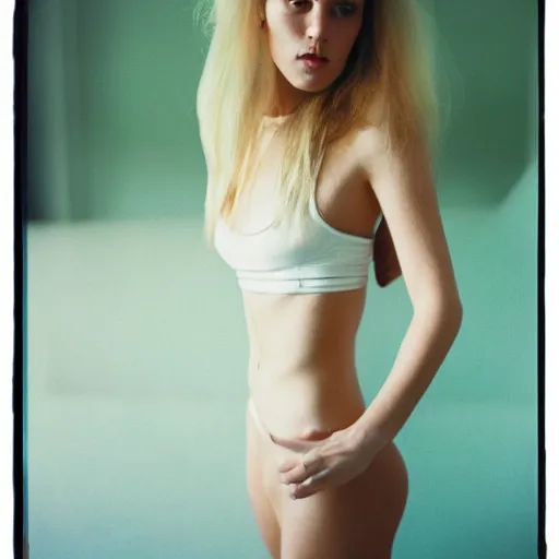 Image similar to realistic photoshoot for a new nike lookbook, color film photography, portrait of a beautiful blonde woman, in style of nan goldin, 35mm