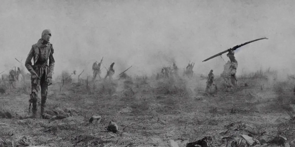 Image similar to scary unproportionable tall ghost creature in the middle of a battlefield, 1900s picture