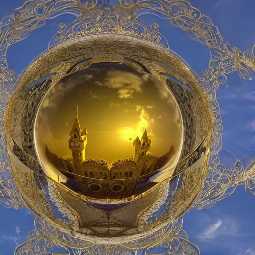 Image similar to a irisdescent bubble flies high in the clouds. a magical mirror castle floats in this bubble, with yellow diamonds on the facade and many filigree turrets, insanely detailed, 8 k, 3 d, splendid