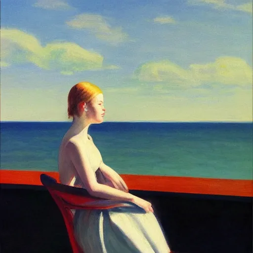 Prompt: painting of Elle Fanning looking at the ocean, by Edward Hopper