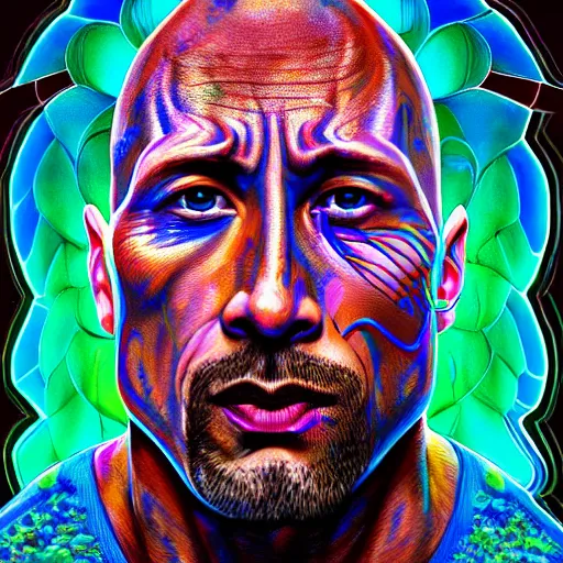 Image similar to An extremely psychedelic portrait of Dwayne Johnson, surreal, LSD, face, detailed, intricate, elegant, lithe, highly detailed, digital painting, artstation, concept art, smooth, sharp focus, illustration