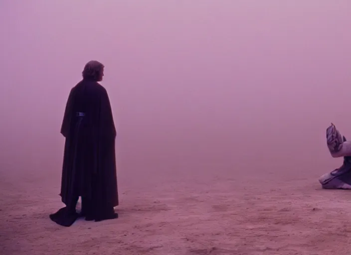 Image similar to Luke skywalker kneels before a strange jedi oracle, a mystic with infinite knowledge of time. in a foggy pink land. still from the 1983 film directed byalejandro jodorowsky. holy mountain, Photographed with Leica Summilux-M 24 mm lens, ISO 100, f/8, Portra 400