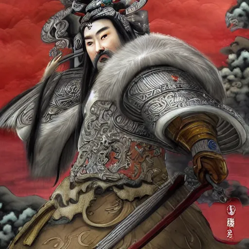 Image similar to dynamic composition, motion, ultra-detailed, incredibly detailed, a lot of details, amazing fine details and brush strokes, colorful and grayish palette, smooth, HD semirealistic anime CG concept art digital painting, watercolor oil painting of a Tang Ming dynasty chinese tao fantasy general wearing armor, from Three Kingdoms, by a Chinese artist at ArtStation, by Huang Guangjian, Fenghua Zhong, Ruan Jia, Xin Jin and Wei Chang. Realistic artwork of a Chinese videogame, gradients, gentle an harmonic grayish colors.