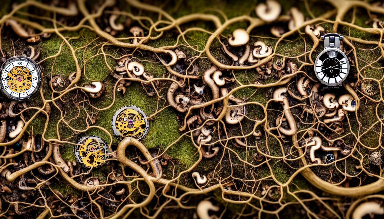 Image similar to detailed view from inside a clockwork watch landscape, entangled roots covered in mushrooms, cracked earth, living spore microorganisms, decaying, rusty, hyper realistic photo, full colour, upscale, 8 k