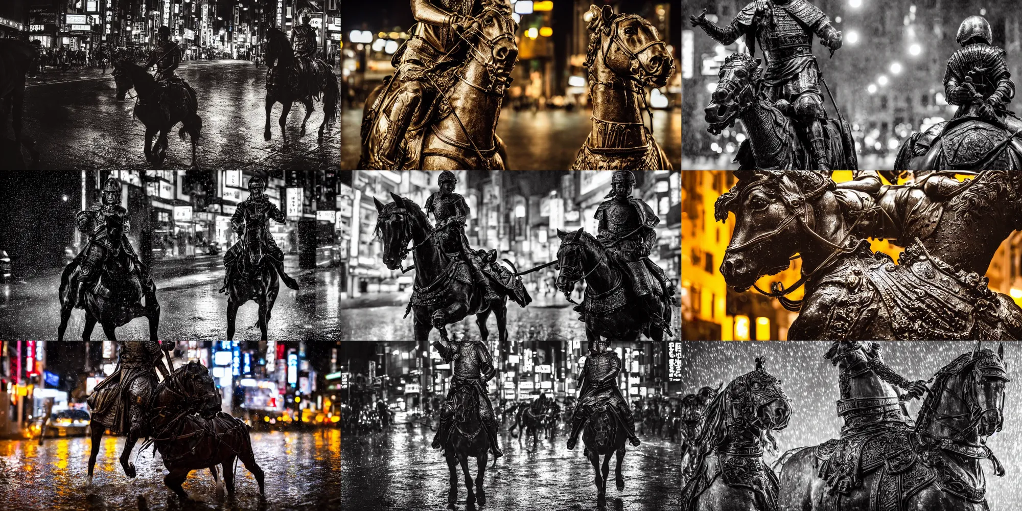 Prompt: close up macro shot of a roman general riding a horse on wet tokyo street at night, intricate, hyper detailed, smooth, dramatic lighting, cinematic