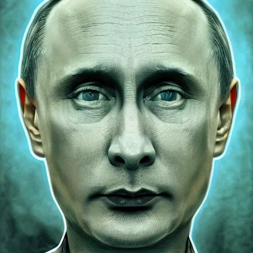 Image similar to vlad putin became stupid imbecile retard degenerate photo - realistic, color image, hyper realistic, 2 k, highly detailed, occult art, by giger, fractal structure