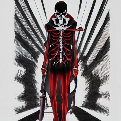 Prompt: A anime still of a grim reaper by Takeshi Obata, skeleton face symmetrical face,symmetrical body, worn clothes, military boots,colors red and black and white, pencil art on paper