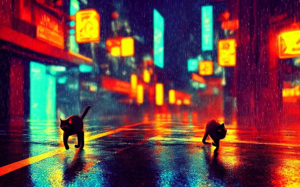 Prompt: cat running through heavy rain in a neon lit street at night by wlop, ultra detailed color art, high detail, digital art