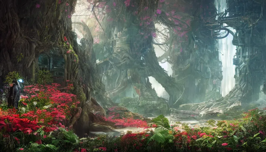 Image similar to ben lo illustration of the largest tree in the world inside rapture, bioshock concept art, solarpunk, hopeful, colorful, flowers, deity, unreal engine, hyper realism, realistic shading, cinematic composition, realistic render, octane render, detailed textures, photorealistic, wide shot