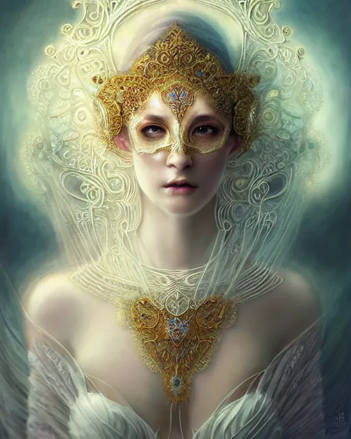 Image similar to beautiful ethereal maiden in a ivory masquerade mask intricate ornate fractal-lace and gemstones, wearing stunning ivory dress, ivory gold iridescent, full view, soft lighting, vivid, Hyperdetailed, 4k hd matte painting by Artgerm, Greg Rutkowski, Klimt, James Jean, 8k resolution, enchanting and otherworldly, Artstation, CGsociety, detailed, front view