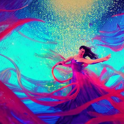 Image similar to jennifer connelly dancing underwater wearing a very long dress made of a chaos of neon colors and lights flowing sideways in a strong current of water, coral sea bottom, octane render, caustics lighting from above, cinematic, hyperdetailed