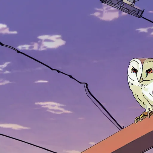 Image similar to a shot of a barn owl in a suit in evangelion 1 0 movie, movie shot, anime, hightly detailed, rescalated 4 k, detailed