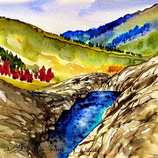 Prompt: swiss mountain landscape, watercolour, vibrant