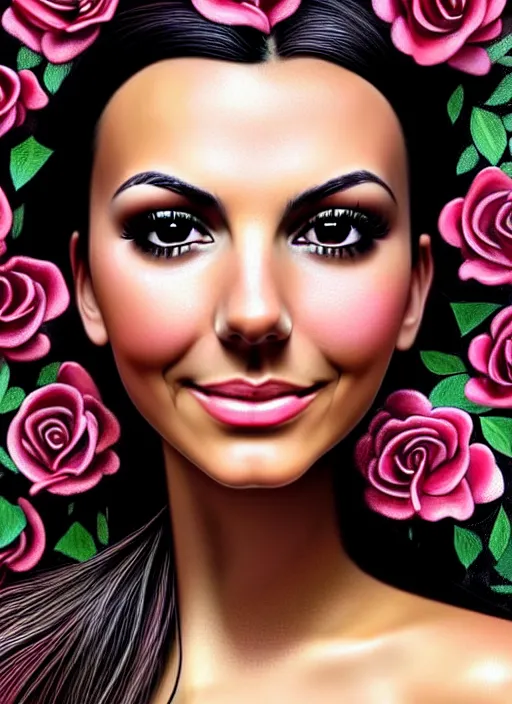 Image similar to amazingly complex portrait of Victoria Justice laying in a bed of black roses as a goddess staring curiously at you. soft detailed painting at 16K resolution and amazingly epic visuals. epically beautiful image. amazing effect, image looks gorgeously crisp as far as it's visual fidelity goes, absolutely outstanding. vivid clarity. ultra detail. iridescent. mind-breaking. mega-beautiful pencil shadowing. beautiful face. Ultra High Definition. soft shading. soft texture. intensely beautiful.