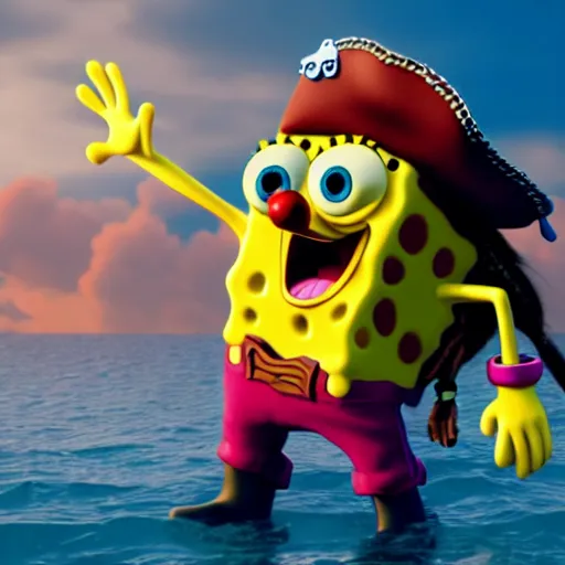 Image similar to SpongeBob in the role of captain Jack Sparrow. Octane render, 4k, 8k, unreal 5, very detailed, hyper realism, trending on artstation.