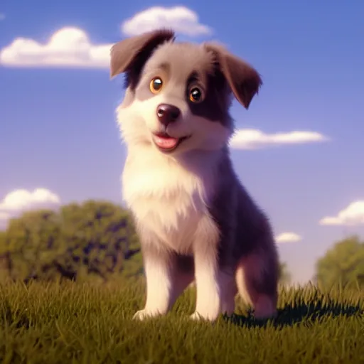 Image similar to a wholesome animation key shot of a grey australian shepherd puppy, studio ghibli, pixar and disney animation, sharp, rendered in unreal engine 5, anime key art by greg rutkowski, bloom, dramatic lighting