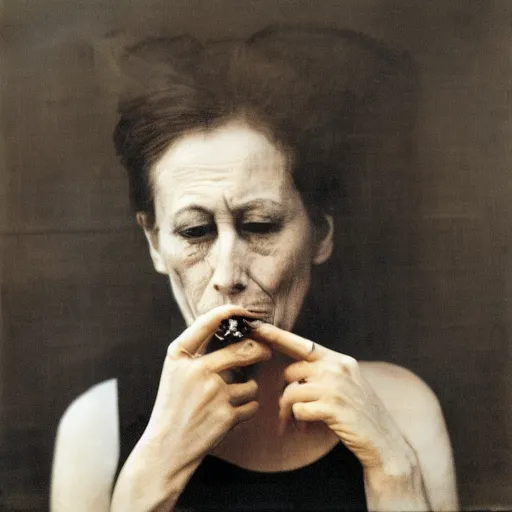 Image similar to overpainted photography portrait of a tired woman smoking a cigarette at a table by gerhard richter, dim light, black and white