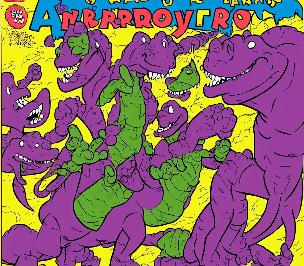 Image similar to barney the dinosaur action hero comic