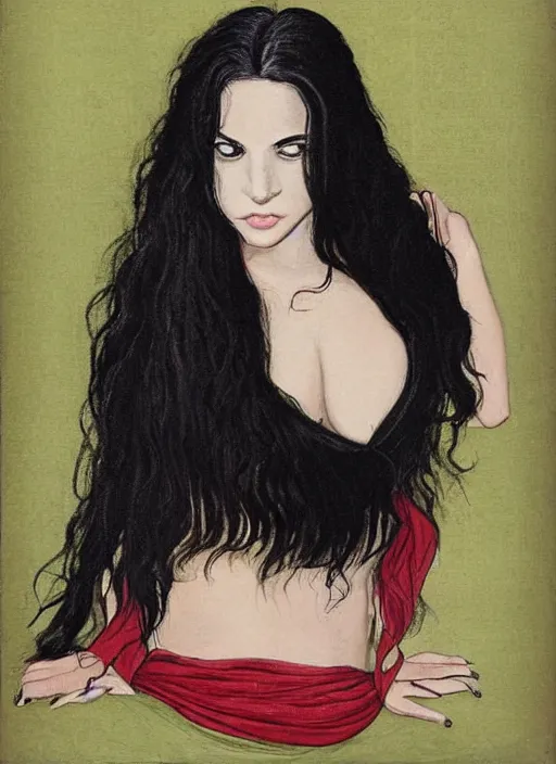 Image similar to a portrait of the most beautiful woman in the world with long black hair that extends past her waist with locks of hair that frame her face down to her chin and shows off her high forehead, dark brown eyes with long, voluminous eyelashes and pale skin, narrow waist and very large chest, wearing a revealing red V-neck blouse a loose sarong with the green symbol of the Kuja adorned on it, along with a white cape sporting epaulettes more commonly found on the jackets of high-ranking Marines, and red high heel pumps, pink hearts in the background , romantic themed, beautiful face, intricate, highly detailed, digital painting, artstation, concept art, smooth, sharp focus, illustration