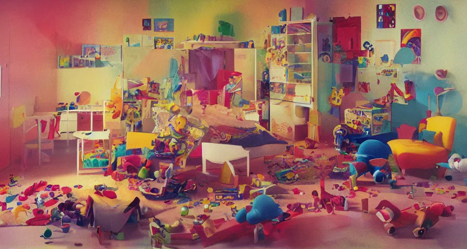 Image similar to IKEA catalogue photo, colorful children's bedroom, rainbow, toys, mayhem, pictures on walls, organic, by Beksiński