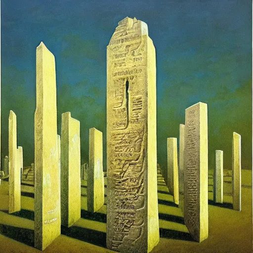 Prompt: 6 stelae pointing down from the sky, rows, as far as the eye can see, memorial, zdzislaw beksinski