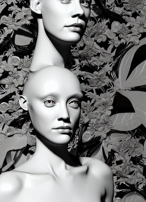 Prompt: monochrome 3 d model, biomechanical young female cyborg with porcelain profile face and a big floral eye, volumetric light, big leaves foliage and stems, hibiscus flowers, boho floral vines, sinuous fine roots, fine foliage lace, alexander mcqueen, rim light, art nouveau fashion pearl embroidered collar, steampunk, octane render, 8 k