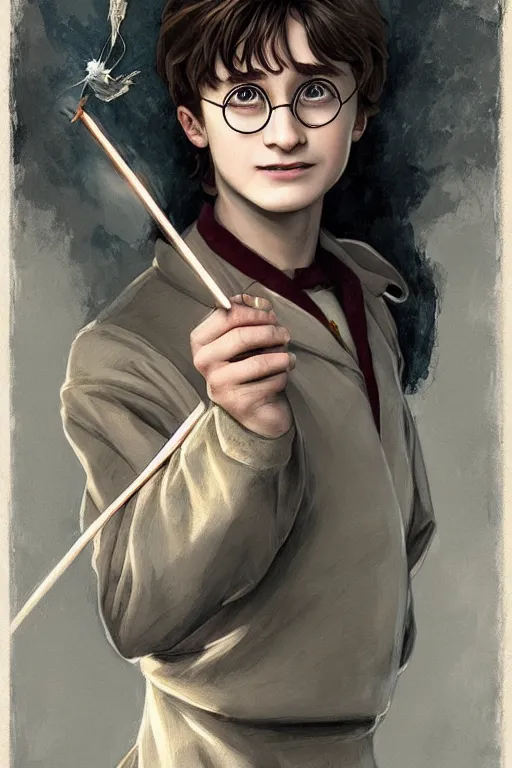 Prompt: beautiful cottagecore young harry potter holding a magicwand. intricate, elegant. highly detailed, digital painting, artstation, concept art, smooth, sharp, focus, illustration. . art by artgerm and greg rutkowski and alphonse mucha