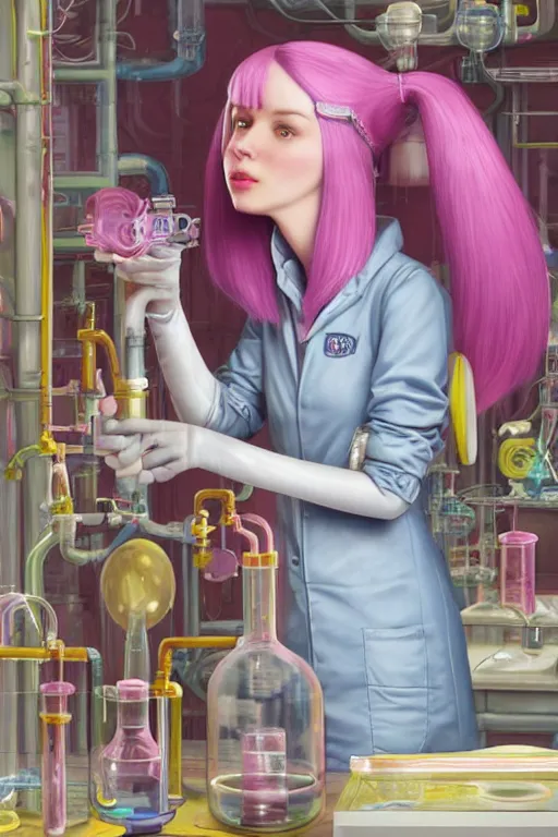 Image similar to highly detailed, industrial photography, profile photo of adult princess bubblegum from adventure time, detailed and intricate environment, working in her science lab, wearing lab coat, long bubblegum hair, long straight bangs, confident, beautiful, attractive, illustration concept art by nicoletta ceccoli, mark ryden, lostfish, 8 k resolution, hyperrealistic, octane render