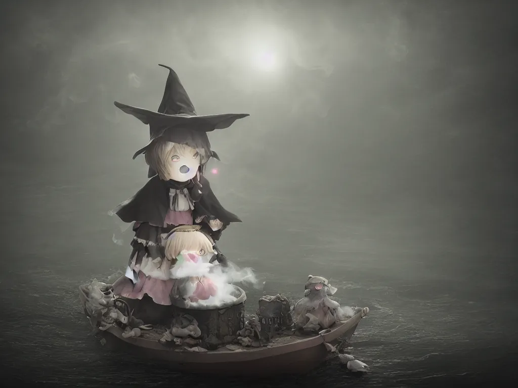 Image similar to cute fumo plush girl witch in a small boat on murky river water, river styx, cursed otherworldly chibi gothic horror wraith maiden, lost in the milky void, hazy heavy swirling murky volumetric fog and smoke, moonglow, lens flare, vray