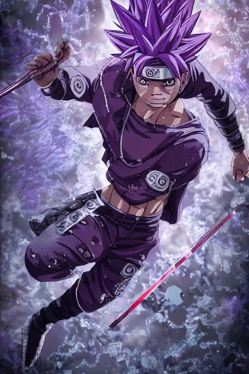 Image similar to close up of a naruto in smooth purple ninja uniform, blue spiked hair, muscular, intense, dramatic pose body of an ultrafine hyperdetailed illustration by kim jung gi, irakli nadar, intricate linework, sharp focus, bright colors, octopath traveler, final fantasy, unreal engine 5, global illumination, radiant light.