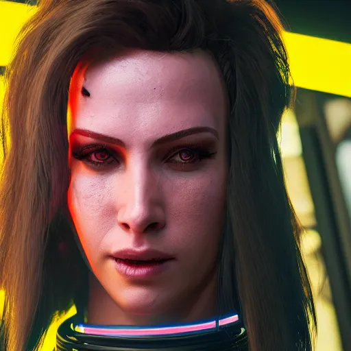 Prompt: headshot of female V from cyberpunk 2077 wearing thick steel choker around neck, 4K, detailed face, collar on neck, realistic, artstation, neon,