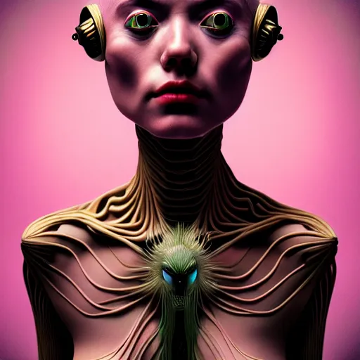 Image similar to Colour aesthetic Caravaggio style full body Photography of Highly detailed beautiful alienWoman with 1000 year old detailed face wearing highly detailed retrofuturistic sci-fi Neural interface designed by Hiromasa Ogura . In style of Josan Gonzalez and Mike Winkelmann and andgreg rutkowski and alphonse muchaand and Caspar David Friedrich and Stephen Hickman and James Gurney and Hiromasa Ogura. Rendered in Blender and Octane Render volumetric natural light