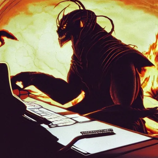 Image similar to burning balrog from lord of the rings sitting behind desk looking at computer screen