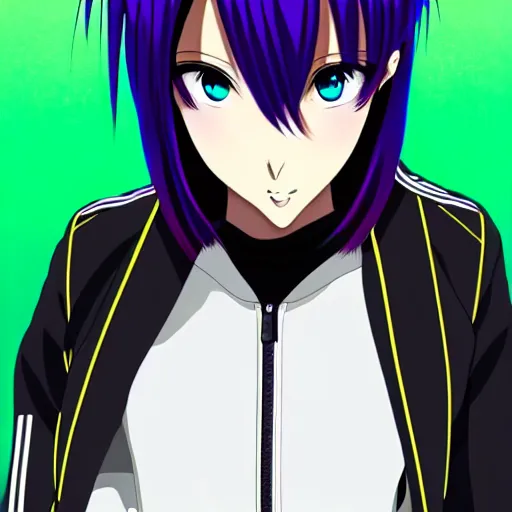 Image similar to anime poster film still portrait, young black woman, black black black woman, purple colored eyes!!!!, white french bob hairstyle, green colored bomber jacket, detailed facial features, dynamic pose,, rimlight, cel shaded, 4 k