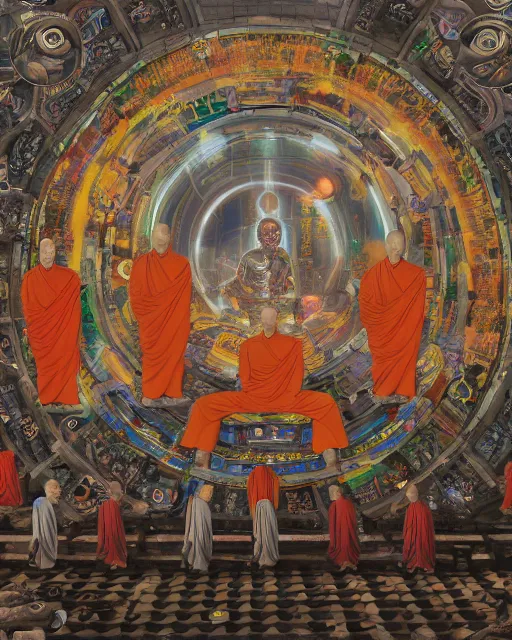 Prompt: a painting of cyborg buddhist monks sitting in circle praying to a big intricate machine, matte painting, highly detailed, sci-fi, cyberpunk art