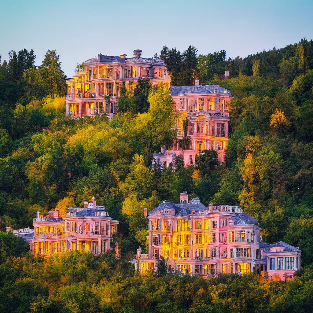 Prompt: big old mansion on a hill, in the evening, colorful