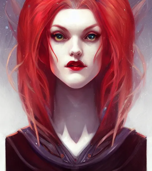 Image similar to A detailed matte oil on canvas head on symmetrical portrait of a distinguished elven woman with red and blue hair by Charlie bowater and lise deharme wlop, trending on artstationhd, dungeons and dragons art critical role