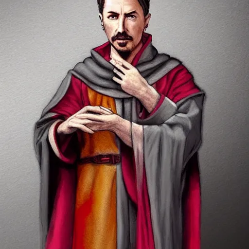 Image similar to petyr baelish smirking dressed in grey robes with red and gold trim, slightly turned to the right, ultra detailed, photorealistic, holding a crystal ball, magic the gathering style art, standing with a black background, high quality,