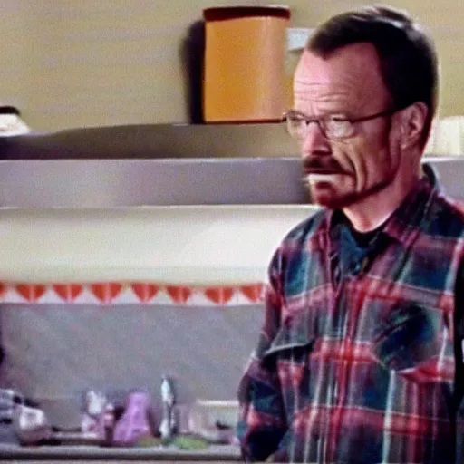 Image similar to a screenshot of Walter White in ICarly, low quality, vhs quality