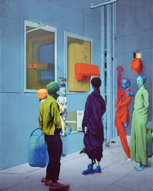 Image similar to square people conversing with blue dogs at a gas station with large oxygen tank in the style of Francis Bacon and Syd Mead and Norman Rockwell and Beksinski, open ceiling, highly detailed, painted by Francis Bacon and Edward Hopper, painted by James Gilleard, surrealism, airbrush, very coherent, triadic color scheme, art by Takato Yamamoto and James Jean