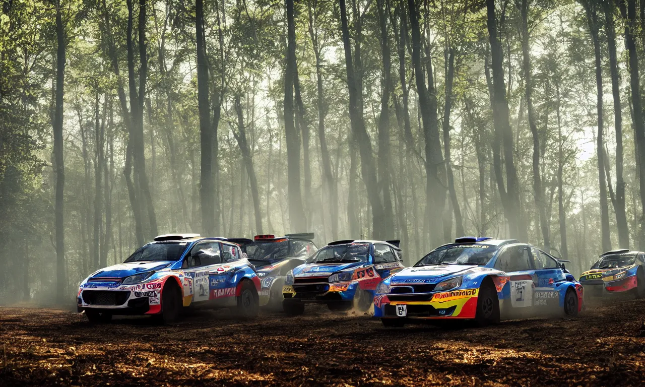 Prompt: 3 rally cars racing through a forest misty , sun shining through the trees, motion blur high detail ultra realistic 8k,